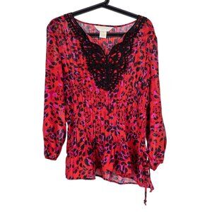 Boho Lace Blouse PXL Red Black Drawstring Waist Leopard Peasant Whimsigoth Fairy